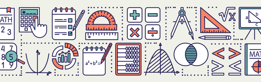 Math equations and tools - notebooks, pencils, calculators, protractors - sit on a gray background.